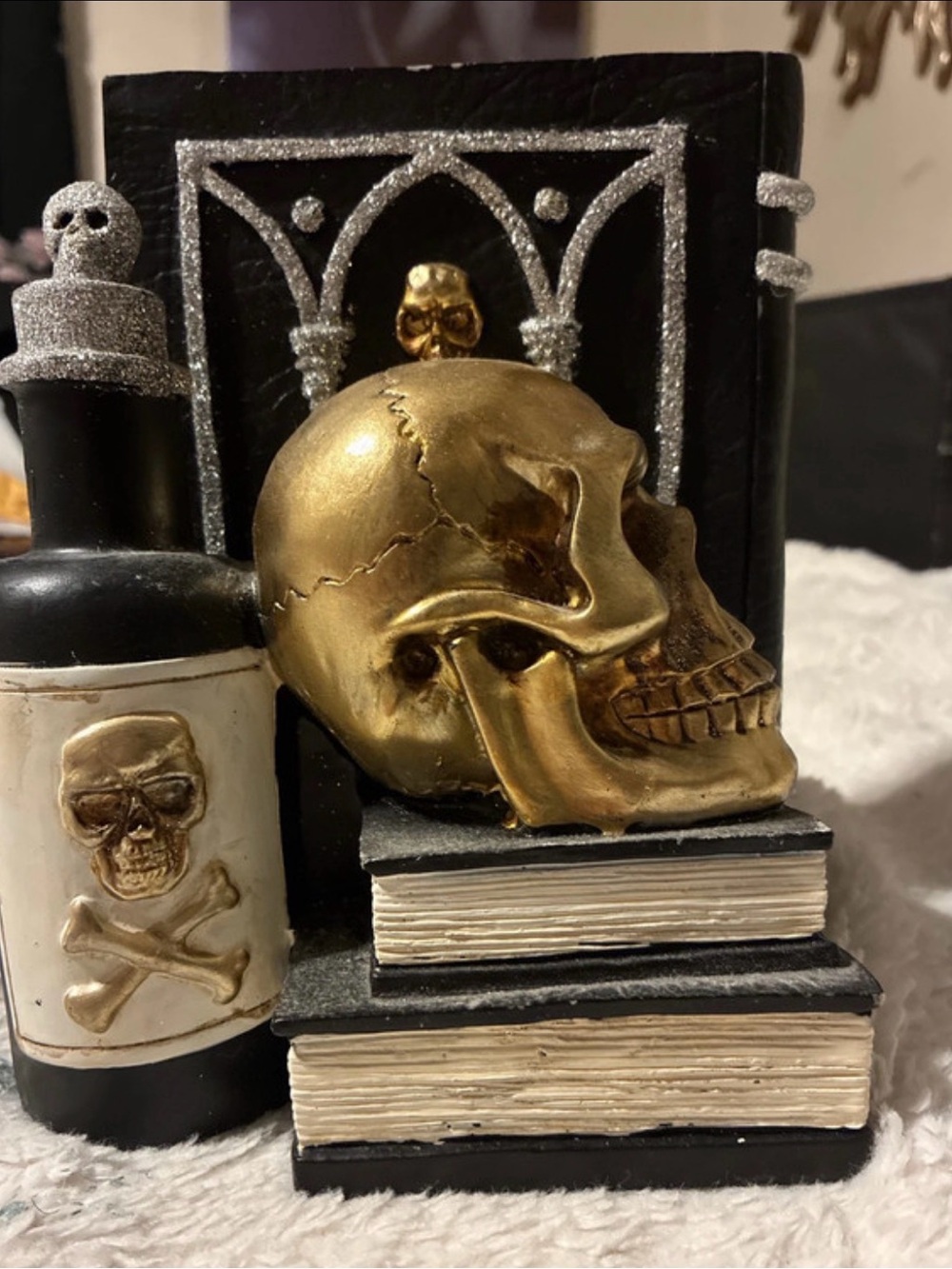 Gold Skull Bookend with Black and Cream Books - Decorative Home Accent